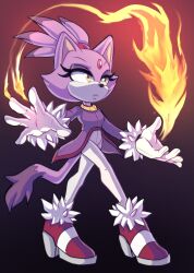 Rule 34 | 1girl, animal ears, blaze the cat, cat ears, cat girl, cat tail, eyelashes, fire, forehead jewel, fur-trimmed footwear, fur-trimmed gloves, fur trim, furry, furry female, gloves, highres, jacket, pants, pink footwear, ponytail, purple fur, purple jacket, skyicah, sonic (series), tail, white gloves, white pants, yellow eyes