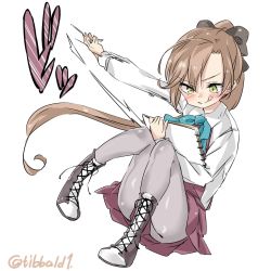 Rule 34 | 10s, 1girl, :q, akigumo (kancolle), arm up, bad id, bad twitter id, black bow, blue bow, blue bowtie, blush, boots, bow, bowtie, brown hair, closed mouth, collared shirt, cross-laced footwear, drawing, dress, ebifurya, eyebrows, floating hair, full body, green eyes, grey pantyhose, hair bow, highres, holding, inactive account, kantai collection, knees up, lace-up boots, long hair, long sleeves, looking down, pantyhose, pink dress, ponytail, shirt, simple background, sitting, sketchbook, sleeveless, smile, solo, tongue, tongue out, twitter username, very long hair, white background, white shirt