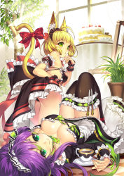 Rule 34 | 2girls, ahoge, animal ear fluff, animal ears, apron, ass, bare shoulders, black bow, black dress, black panties, blonde hair, bow, breasts, brown legwear, cake, cat ears, cat girl, cat tail, chair, checkered floor, cleavage, closed mouth, commentary request, cup, curtains, day, dress, fingernails, food, frilled apron, frilled bow, frilled dress, frilled legwear, frills, glint, green eyes, green hair, hair between eyes, hand up, highres, indoors, kneeling, knees up, long hair, looking at viewer, looking back, lying, maid, maid headdress, medium breasts, multicolored hair, multiple girls, on back, on floor, original, panties, parted lips, plant, polka dot, polka dot bow, potted plant, purple hair, red bow, saucer, smile, strapless, strapless dress, streaked hair, sunlight, table, tail, tail bow, tail ornament, tail raised, tangamja, teacup, thighhighs, transparent, underwear, white apron, window, wrist cuffs