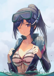 Rule 34 | 10s, 1girl, ;o, bikini, bikini top only, blue-framed eyewear, blush, bodysuit, breasts, cleavage, collarbone, day, diving suit, front-tie top, goggles, goggles on head, highres, huanxiang heitu, long hair, love live!, love live! school idol festival, love live! sunshine!!, matsuura kanan, medium breasts, one eye closed, open bodysuit, open clothes, open mouth, outdoors, partially submerged, ponytail, purple eyes, purple hair, snorkel, solo, striped bikini, striped clothes, swimsuit, upper body, water, water drop, wet, wet hair, wetsuit