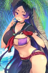 Rule 34 | 1girl, armband, beach, belt, bikini, black serafuku, black skirt, blue eyes, blue hair, blue sky, blush, breasts, choker, cleavage, clothes lift, cloud, cowboy shot, day, eyebrows, eyepatch bikini, fate/grand order, fate (series), fingerless gloves, gloves, hand on own chest, hand up, highres, large breasts, long hair, looking at viewer, minamoto no raikou (fate), minamoto no raikou (swimsuit lancer) (second ascension) (fate), mirei, nail polish, navel, neckerchief, outdoors, palm tree, parted bangs, parted lips, pleated skirt, purple bikini, red gloves, school uniform, serafuku, short sleeves, skirt, sky, smile, solo, swimsuit, tree, very long hair, water