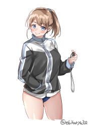 Rule 34 | 1girl, adapted costume, black jacket, blue eyes, blue one-piece swimsuit, blush, breasts, brown hair, cowboy shot, ebifurya, closed eyes, hair between eyes, hand in pocket, highres, intrepid (kancolle), jacket, kantai collection, large breasts, lips, long hair, looking at viewer, one-piece swimsuit, ponytail, short hair, simple background, smile, solo, stopwatch, swimsuit, swimsuit under clothes, track jacket, twitter username, watch, white background