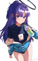 Rule 34 | 1girl, absurdres, black shirt, blue archive, blue buruma, blue eyes, blue jacket, bottle, buruma, closed mouth, collared shirt, commentary request, gym uniform, halo, highres, holding, holding bottle, id card, jacket, jacket partially removed, kiki (kiki 3288), lanyard, looking at viewer, mechanical halo, official alternate costume, parted hair, partially unzipped, plastic bottle, ponytail, purple eyes, purple hair, shirt, simple background, solo, star (symbol), sticker on face, t-shirt, track jacket, twitter username, water bottle, white background, yuuka (blue archive), yuuka (track) (blue archive)