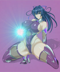 Rule 34 | 1girl, arm support, blue eyes, blue hair, boots, breasts, clenched hand, covered erect nipples, elbow gloves, fishnets, gloves, highleg, highleg leotard, highres, igawa asagi, large breasts, leotard, light, matching hair/eyes, nado.e, ponytail, purple background, simple background, solo, squatting, taimanin (series), taimanin asagi, thigh boots, thighhighs