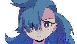Rule 34 | 1girl, ado (utaite), blue hair, closed mouth, commentary request, hair over one eye, highres, ibara-chan (ado), ibara (ado), long hair, looking at viewer, official art, portrait, purple eyes, shadow, simple background, solo, tenteko mai51, white background
