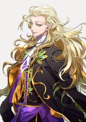 Rule 34 | 1boy, blonde hair, closed mouth, commentary request, fate/grand order, fate (series), from side, green eyes, grey background, highres, jacket, long hair, long sleeves, looking at viewer, male focus, simple background, sleeves past fingers, sleeves past wrists, smile, solo, standing, tenobe, turtleneck, upper body, wolfgang amadeus mozart (fate)
