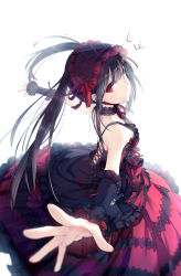 Rule 34 | 10s, 1girl, black dress, black hair, choker, closed mouth, cross-laced clothes, date a live, dress, frills, from above, hairband, heterochromia, highres, lens flare, linfi-muu, lolita fashion, lolita hairband, long hair, long skirt, looking at viewer, outstretched arms, palms, red eyes, red ribbon, revision, ribbon, ribbon trim, simple background, skirt, sleeveless, sleeveless dress, smile, solo, spread arms, spread fingers, tokisaki kurumi, twintails, white background, yellow eyes