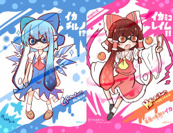 Rule 34 | 2girls, :o, artist name, ascot, blouse, blue dress, blue eyes, blue hair, blush, bow, brown eyes, brown hair, cirno, cirno (cosplay), collar, cosplay, crossover, dated, detached sleeves, dress, dress shirt, fang, hair bow, hair tubes, hakurei reimu, hakurei reimu (cosplay), ice, ice wings, inkling player character, monster girl, multiple girls, nintendo, ofuda, open mouth, parody, pointy ears, puffy sleeves, red bow, red ribbon, ribbon, shirt, signature, skirt, sleeveless, smile, socks, splatoon (series), splatoon 1, tentacle hair, touhou, translation request, white shirt, wing collar, wings, yurume atsushi