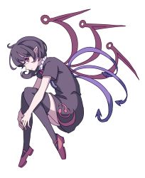 Rule 34 | 1girl, absurdres, asymmetrical wings, black dress, black hair, black thighhighs, blue wings, closed mouth, collar, dress, eyebrows hidden by hair, fetal position, frilled collar, frills, full body, highres, holding legs, houjuu nue, kame (kamepan44231), looking at viewer, one-hour drawing challenge, pointy ears, red eyes, red footwear, red neckwear, red wings, short hair, simple background, solo, thighhighs, touhou, white background, wings