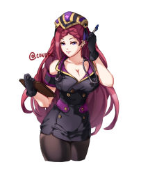Rule 34 | 1girl, alternate costume, black gloves, breasts, cleavage, clipboard, closed mouth, conope, fire emblem, fire emblem heroes, gloves, hat, holding, holding pen, large breasts, loki (fire emblem), long hair, nintendo, pantyhose, pen, purple eyes, purple hair, simple background, solo, twitter username, white background