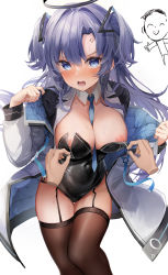 Rule 34 | 1boy, 1girl, absurdres, between breasts, black garter straps, black leotard, blue archive, blue eyes, blue necktie, blush, breasts, brown thighhighs, closed mouth, cowboy shot, detached collar, disembodied limb, doodle sensei (blue archive), garter straps, halo, hands up, highres, jacket, large breasts, leotard, leotard pull, long sleeves, looking at viewer, necktie, necktie between breasts, nipple slip, nipples, off shoulder, open clothes, open jacket, pulling another&#039;s clothes, purple hair, sensei (blue archive), shiranui (nisioisin sinob), shrug (clothing), simple background, solo focus, strapless, strapless leotard, thighhighs, thighs, two side up, unzipping, white background, white jacket, yuuka (blue archive), zipper pull tab