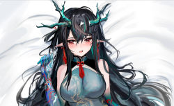 Rule 34 | 1girl, arknights, bare shoulders, bed sheet, black hair, blue dress, blue skin, blush, breasts, colored skin, dakimakura (medium), dragon horns, dress, dusk (arknights), dusk (everything is a miracle) (arknights), earrings, gradient skin, green hair, hat, horns, impossible clothes, impossible dress, jewelry, large breasts, looking at viewer, lying, mikuning, multicolored hair, official alternate costume, on back, on bed, open mouth, pointy ears, qingdai guanmao, red eyes, sleeveless, sleeveless dress, solo, streaked hair, tassel, tassel earrings, two-tone hair, upper body
