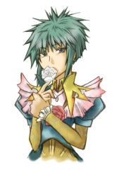 Rule 34 | 1girl, asellus (saga frontier), commentary request, covering own mouth, cropped torso, dress, flower, graphite (medium), green hair, high collar, own hands together, rose, saga, saga frontier, short hair, simple background, solo, spiked hair, traditional media, white background