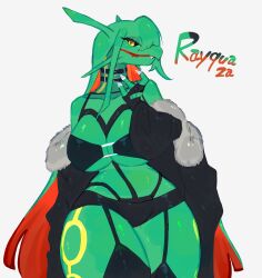 Rule 34 | bandeau, black sclera, breasts, claws, cleavage, colored sclera, creatures (company), fang, fur-trimmed jacket, fur trim, furry, furry female, game freak, gen 3 pokemon, green hair, highres, horns, huge breasts, jacket, legendary pokemon, long hair, looking at viewer, markings, multicolored hair, nintendo, pokemon, pokemon (creature), rayquaza, red hair, reptile girl, shorts, smile, thick thighs, thighs, togetoge, underboob, wide hips, yellow eyes