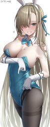 Rule 34 | 1girl, absurdres, animal ears, asuna (blue archive), asuna (bunny) (blue archive), bad id, bad twitter id, bare shoulders, blue archive, blue bow, blue bowtie, blue eyes, blue leotard, blue ribbon, bow, bowtie, breasts, cleavage, collarbone, detached collar, fake animal ears, gloves, grin, hair over one eye, hair ribbon, heart, highleg, highleg leotard, highres, kawai ritsu (rits meg), large breasts, leotard, long hair, looking at viewer, mole, mole on breast, pantyhose, playboy bunny, rabbit ears, rabbit tail, ribbon, simple background, skindentation, smile, solo, strapless, strapless leotard, tail, thighband pantyhose, twitter username, very long hair, white background, white gloves