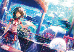Rule 34 | 1girl, blush, brown hair, bubble, coral, fish, hair ornament, jellyfish, jinichi, original, short hair, skirt, smile, solo, twintails, underwater, wink