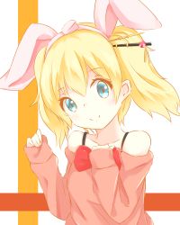 Rule 34 | 10s, 1girl, alice cartelet, animal ears, blonde hair, blue eyes, hair ornament, hair stick, hairband, highres, kin-iro mosaic, kuro-ra, looking at viewer, off-shoulder, off-shoulder sweater, off shoulder, rabbit ears, sleeves past wrists, smile, solo, sweater, transparent background, twintails