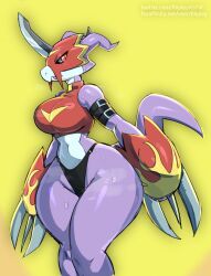 Rule 34 | 1girl, digimon, digimon (creature), dragon, female focus, fladramon, furry, horns, simple background, solo, thick thighs, thighs, yellow background