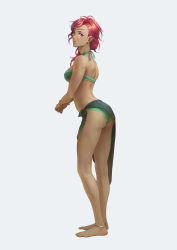 Rule 34 | 1girl, absurdres, anklet, ass, bare arms, bare legs, barefoot, bikini, bracelet, breasts, circlet, closed mouth, dark-skinned female, dark skin, earrings, fire emblem, fire emblem: three houses, from side, full body, green bikini, hapi (fire emblem), highres, jewelry, kazuko (towa), leaning forward, long hair, looking at viewer, medium breasts, nintendo, red eyes, red hair, sarong, shoulder blades, sideboob, solo, standing, swimsuit