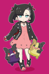 Rule 34 | 1girl, :d, asymmetrical hair, backpack, bag, black choker, black footwear, black hair, black jacket, black nails, blue eyes, blush, boots, choker, closed mouth, collarbone, commentary request, creatures (company), dress, earrings, full body, game freak, gen 8 pokemon, hair ribbon, holding, holding poke ball, jacket, jewelry, long sleeves, looking at viewer, marnie (pokemon), morpeko, morpeko (full), morpeko (hangry), nail polish, nintendo, nozo (hitomiz), open clothes, open jacket, open mouth, pink dress, poke ball, poke ball (basic), pokemon, pokemon (creature), pokemon swsh, purple background, red ribbon, ribbon, shadow, sleeves past wrists, smile, teeth, twintails, upper teeth only