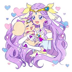 Rule 34 | 1girl, :d, blue eyes, blush, bow, circlet, commentary request, cure earth, dog, dress, earrings, elbow gloves, fuurin asumi, gloves, healin&#039; good precure, healing animal, heart, hoppetoonaka3, jewelry, latte (precure), long hair, magical girl, open mouth, precure, purple dress, purple hair, smile, white gloves