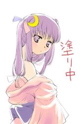 Rule 34 | 1girl, bare shoulders, blunt bangs, crescent, crescent hair ornament, female focus, from side, hair ornament, japanese clothes, kimono, long hair, looking at viewer, looking to the side, lowres, off shoulder, patchouli knowledge, purple eyes, purple hair, solo, touhou, yuu (kfc)