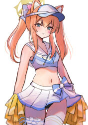 Rule 34 | 1girl, alternate costume, alternate hairstyle, animal ear fluff, animal ears, blue archive, blue eyes, blush, breasts, cheerleader, cowboy shot, halo, highres, holding, holding pom poms, long hair, looking at viewer, mari (blue archive), miyai (myai04), navel, open mouth, orange hair, pleated skirt, pom pom (cheerleading), pom poms, sailor collar, skirt, small breasts, smile, solo, stomach, thighhighs, white sailor collar, white skirt, white thighhighs, yellow halo