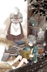 Rule 34 | 1boy, 1girl, aged down, ahoge, alhaitham (genshin impact), apron, artist name, birthday, birthday cake, black shorts, blush, book, book stack, bookshelf, branch, brown dress, cake, closed mouth, commentary request, dress, food, full body, genshin impact, grandmother and grandson, green eyes, green hair, green jacket, grey hair, hair over one eye, hands up, highres, holding, holding book, holding tray, jacket, light rays, long sleeves, maunam0327, multicolored hair, old, old woman, open book, open clothes, open jacket, reading, shirt, short hair, shorts, sidelocks, sitting, smile, socks, standing, swept bangs, tray, twitter username, waist apron, white apron, white shirt, white socks, wide sleeves, wooden floor