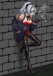 Rule 34 | 1girl, absurdres, against wall, belt boots, black bow, black gloves, black hair, blue coat, boots, bow, breasts, brick wall, cigarette, cleavage, coat, collar, detached collar, foot against wall, full body, fur-trimmed coat, fur trim, gem, gloves, grey hair, hair bow, hand in pocket, high heel boots, high heels, highres, holding, holding cigarette, jacket, lapels, large breasts, leotard, long sleeves, looking at viewer, momihige, multicolored hair, notched lapels, original, playboy bunny, ponytail, red eyes, red gemstone, red leotard, ribbon, smoke, smoking, streaked hair, thigh boots, thighhighs, two-tone hair, white hair