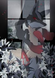 Rule 34 | 1boy, absurdres, animal ears, animal hands, arm at side, bad id, bad pixiv id, black fur, blue fur, body fur, bush, chromatic aberration, closed mouth, cowboy shot, creatures (company), flower, furry, furry male, game freak, gen 4 pokemon, glowing, glowing eyes, grass, grey flower, half-closed eyes, hand on own chest, hand up, highres, indoors, light rays, lily (flower), looking to the side, lucario, male focus, mega lucario, mega pokemon, multicolored fur, muted color, nintendo, pokemon, pokemon (creature), red eyes, red fur, shiro hinageshi, snout, solo, spikes, standing, tail, window, wolf boy, wolf ears, wolf tail, yellow fur