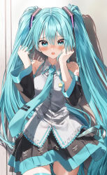 Rule 34 | 1girl, 39, absurdres, bare shoulders, black skirt, black sleeves, blue eyes, blue hair, blue necktie, blush, collared shirt, detached sleeves, dress shirt, hair between eyes, hand in own hair, hands in hair, hands up, hatsune miku, highres, holding, holding hair, long hair, long sleeves, looking at viewer, miku day, necktie, nose blush, open mouth, pentagon (railgun ky1206), pleated skirt, shirt, skirt, sleeveless, sleeveless shirt, solo, tie clip, twintails, very long hair, vocaloid, white shirt