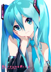 Rule 34 | 1girl, aqua eyes, aqua hair, aqua necktie, artist name, bare shoulders, black sleeves, braid, breasts, character name, collared shirt, detached sleeves, grey shirt, hair between eyes, hand on own cheek, hand on own face, hatsune miku, head rest, head tilt, highres, long sleeves, looking at viewer, necktie, shirt, simple background, small breasts, solo, striped, takepon1123, twin braids, upper body, vertical stripes, vocaloid, white background