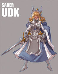 Rule 34 | 1girl, absurdres, armor, armored boots, armored dress, artoria pendragon (all), artoria pendragon (fate), blonde hair, blue cape, blue dress, boots, bow, braid, cape, character name, closed mouth, commentary, cookie (touhou), cosplay, d tomoki, dress, fate (series), full body, fur-trimmed cape, fur trim, gauntlets, glasses, grey background, hair bow, helmet, highres, holding, holding sword, holding weapon, kirisame marisa, long hair, looking to the side, red-framed eyewear, saber (fate), saber (fate) (cosplay), semi-rimless eyewear, side braid, simple background, single braid, smile, solo, standing, sword, touhou, under-rim eyewear, uzuki (cookie), weapon, white bow, yellow eyes