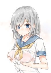 Rule 34 | 10s, 1girl, absurdres, blue eyes, blush, bra, breast hold, breasts, closed mouth, collarbone, eyebrows, frown, hair ornament, hair over one eye, hairclip, hamakaze (kancolle), highres, hoshimiya nazuna, kantai collection, lingerie, neckerchief, pink bra, school uniform, see-through, serafuku, shirt, short hair, short sleeves, silver hair, simple background, sleeve cuffs, solo, underwear, upper body, wet, wet clothes, wet shirt, white background, yellow neckerchief