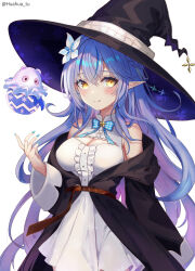 Rule 34 | 1girl, blue hair, blue nails, breasts, cleavage, daifuku (yukihana lamy), dress, flower, ghost costume, hair flower, hair ornament, hat, highres, hololive, large breasts, long hair, pointy ears, smile, snowflake print, virtual youtuber, white background, witch hat, yellow eyes, yukihana lamy