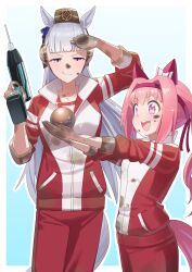 2girls :p absurdres animal_ears blue_background border commentary_request cowboy_shot dirty dirty_clothes dirty_face dirty_hands drill ear_covers freely2327 gold_ship_(umamusume) gradient_background grey_hair half-closed_eyes haru_urara_(umamusume) highres horse_ears horse_girl horse_tail jacket long_hair multiple_girls orb outside_border pants pink_eyes pink_hair ponytail power_drill power_tool purple_eyes red_jacket red_pants red_track_suit tail tongue tongue_out tracen_training_uniform track_jacket track_pants track_suit umamusume v-shaped_eyebrows white_background white_border