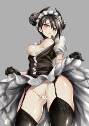 Rule 34 | 1girl, agent (girls&#039; frontline), bad id, bad twitter id, bar censor, black gloves, black hair, black thighhighs, blush, breasts, breasts out, censored, cleft of venus, clothes lift, cowboy shot, double bun, dress, dress lift, embarrassed, garter belt, garter straps, girls&#039; frontline, gloves, grey background, grey eyes, hair between eyes, hair bun, kaorihero, lifting own clothes, long hair, looking at viewer, maid, maid headdress, medium breasts, nipples, no bra, no panties, pussy, sangvis ferri, shiny skin, simple background, skindentation, solo, thighhighs, thighs, yellow eyes