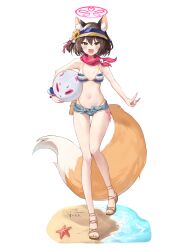Rule 34 | 1girl, absurdres, animal ear fluff, animal ears, ball, beach, beachball, bikini, bikini under clothes, blue archive, blush, breasts, brown eyes, brown hair, commentary request, cutoffs, denim, denim shorts, fang, feet, flower, fox ears, fox girl, fox shadow puppet, fox tail, full body, hair flower, hair ornament, halo, highres, izuna (blue archive), izuna (swimsuit) (blue archive), legs, looking at viewer, medium breasts, navel, official alternate costume, one side up, open fly, open mouth, same (samefgo), sandals, short hair, short shorts, shorts, simple background, skin fang, smile, solo, standing, standing on one leg, starfish, stomach, striped bikini, striped clothes, sunflower, swimsuit, tail, thigh gap, thighs, toenails, toes, unbuttoned, visor cap, white background