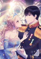 Rule 34 | 1boy, 1girl, bare shoulders, black hair, blonde hair, blue dress, braid, breasts, brown eyes, cover, cover page, crown, crown braid, detached sleeves, dress, earrings, epaulettes, eye contact, gloves, hand on another&#039;s chest, hetero, highres, hand grab, hsmoji, indoors, jewelry, lipstick, looking at another, makeup, medal, medium breasts, military, military uniform, novel cover, official art, sunlight, uniform, upper body, white gloves, wide sleeves