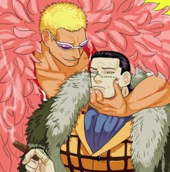 Rule 34 | 2boys, annoyed, arm around shoulder, ascot, bara, black hair, blonde hair, cigar, coat, collarbone, crocodile (one piece), dark-skinned male, dark skin, donquixote doflamingo, fur coat, furrowed brow, hair slicked back, head grab, height difference, large hands, large pectorals, leaning forward, leaning on person, male focus, mature male, medium hair, mg cls, multiple boys, muscular, muscular male, nervous, nervous sweating, one piece, pectorals, purple-tinted eyewear, scar, scar on face, scar on nose, sideburns, sleeves rolled up, smoking, stitches, sunglasses, sweat, tinted eyewear, upper body, veiny face, white-framed eyewear, yaoi, yellow eyes