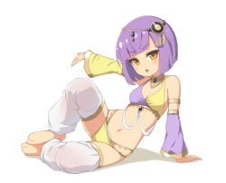 Rule 34 | 1girl, asymmetrical sleeves, bare shoulders, barefoot, blush, breasts, dancer, detached sleeves, feet, full body, jewelry, looking at viewer, midriff, mismatched sleeves, navel, open mouth, original, outstretched arm, purple hair, sasaame, simple background, small breasts, solo, white background, white legwear, yellow eyes