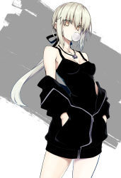 Rule 34 | 10mo, 1girl, artoria pendragon (all), artoria pendragon (fate), black shirt, black tank top, blouse, chewing gum, clothes pull, fate/grand order, fate/stay night, fate (series), hands in pockets, highres, jacket, jacket pull, jewelry, necklace, official alternate costume, open clothes, open jacket, saber alter, saber alter (ver. shinjuku 1999) (fate), shirt, sleeveless, sleeveless shirt, solo, tank top, yellow eyes