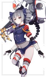 Rule 34 | 1girl, :i, blue shirt, blue skirt, breasts, bronya zaychik, bronya zaychik (valkyrie chariot), closed mouth, drill hair, grey eyes, grey hair, haiqi kmx, hair between eyes, highres, honkai (series), honkai impact 3rd, looking at viewer, panties, project bunny, shirt, simple background, skirt, small breasts, solo, twin drills, underwear, white background, white panties