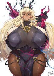 Rule 34 | 1girl, artist name, batako (batakoart), blonde hair, blush, breasts, curvy, barghest (fate), fate/grand order, fate (series), gigantic breasts, green eyes, heterochromia, highres, huge breasts, long hair, looking at viewer, pink eyes, smile, solo, sword, thick thighs, thighs, weapon, white background, wide hips