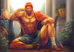 Rule 34 | 1boy, abs, alternate costume, ancient greek clothes, backlighting, bare pectorals, beard, cape, elbow rest, facial hair, fate/zero, fate (series), full body, greco-roman clothes, iskandar (fate), looking at viewer, ma2910ko, male focus, mature male, muscular, muscular male, pectorals, pelvic curtain, red eyes, red hair, short hair, solo, thick thighs, thighs
