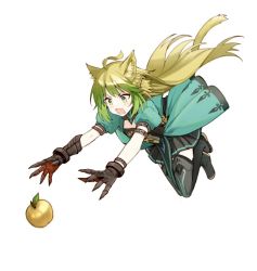Rule 34 | 1girl, ahoge, animal ears, apple, atalanta (fate), blonde hair, boots, dress, fang, fate/apocrypha, fate (series), food, fruit, gloves, golden apple, gradient hair, green eyes, green hair, long hair, multicolored hair, siya ho, solo, tail, thigh boots, thighhighs, white background