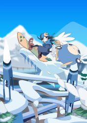 1boy :3 :d animal_ears blue_shirt cloud edoya_inuhachi full_body furry furry_male gloves hat highres jewelry kaze_no_klonoa klonoa moo_(klonoa) mountain open_mouth ring shirt smile snow snowboard sun surfing tree yellow_gloves