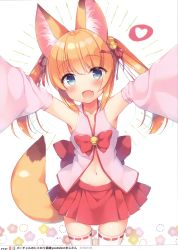 Rule 34 | 1girl, :d, absurdres, animal ear fluff, animal ears, armpits, arms up, bare shoulders, bell, blue eyes, blush, bow, collarbone, cowboy shot, detached sleeves, fang, fox ears, fox girl, fox tail, hair ribbon, heart, highres, jingle bell, kemomimi oukoku kokuei housou, long hair, long sleeves, looking at viewer, mikoko (kemomimi oukoku kokuei housou), miniskirt, navel, open mouth, orange hair, outstretched arms, pink shirt, pleated skirt, red bow, red ribbon, red skirt, ribbon, sazaki ichiri, scan, shirt, skirt, smile, solo, standing, tail, thighhighs, twintails, virtual youtuber, white thighhighs, wide sleeves, zettai ryouiki