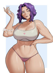Rule 34 | 1girl, artist name, bare shoulders, boku no hero academia, breasts, cleavage, gud0c, hand in own hair, highres, lady nagant, large breasts, midriff, multicolored hair, muscular, muscular female, nail polish, pink hair, purple eyes, purple hair, short hair, solo, sports bra, stomach, thighs, two-tone hair, underwear, yellow sports bra