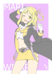 Rule 34 | 1girl, ;d, absurdres, arm up, ascot, belt, blonde hair, breasts, bunji, character name, cleavage, cosplay request, crop top, gloves, head tilt, highres, kamen rider, kamen rider wizard (series), long hair, looking at viewer, love live!, love live! sunshine!!, medium breasts, midriff, miniskirt, navel, ohara mari, one eye closed, open mouth, pencil skirt, sketch, skirt, smile, solo, standing, stomach, white ascot, white gloves, yellow eyes, yellow skirt